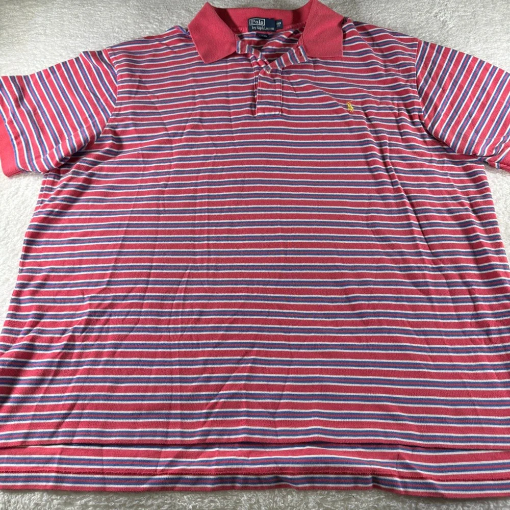 Vintage Polo Ralph Lauren 3XB Big Pink Blue Striped Polo Shirt Collar Button
